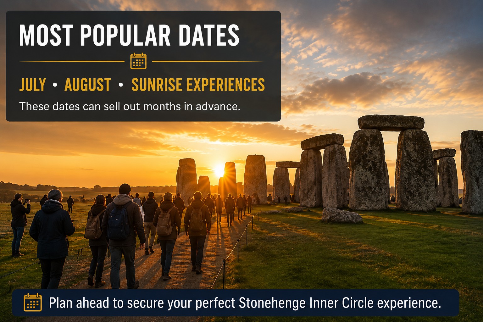 Visitors walking towards Stonehenge at sunrise during one of the most popular Inner Circle experiences, highlighting the strong demand for July and August sunrise dates.
