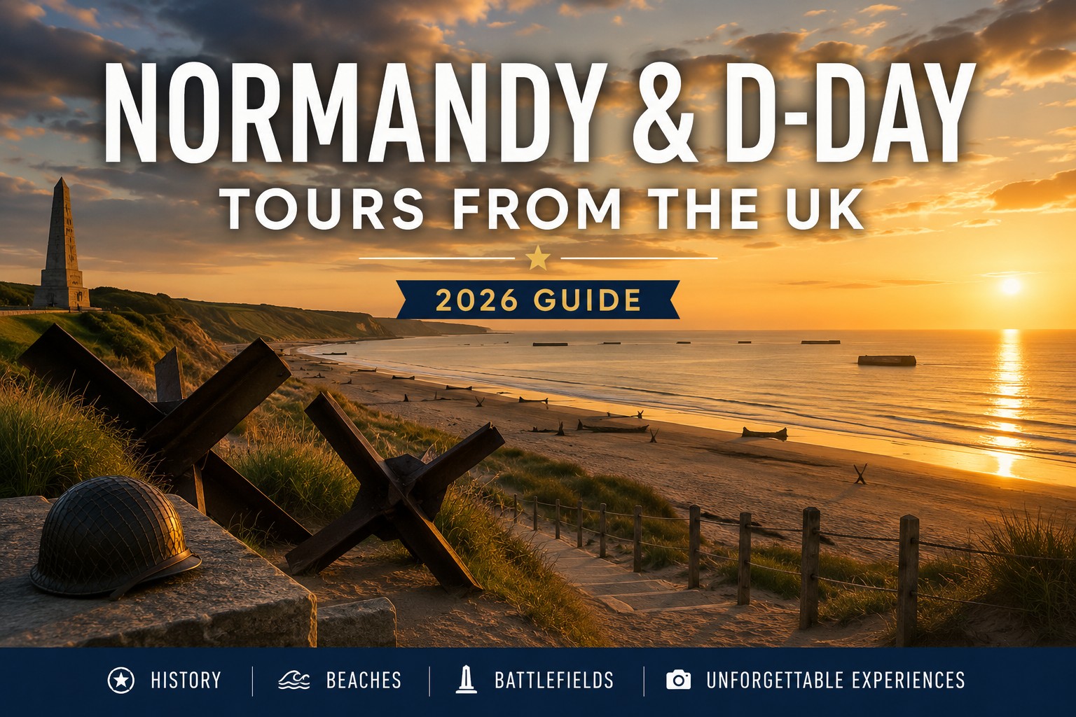 Normandy D-Day beaches at sunrise with Omaha Beach memorial landscape, historic coastal defences and battlefield sites in France