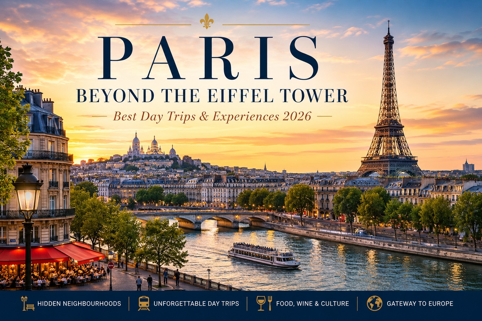 Paris Beyond the Eiffel Tower travel guide 2026 featuring the Seine River, Eiffel Tower, Montmartre skyline and hidden Paris experiences