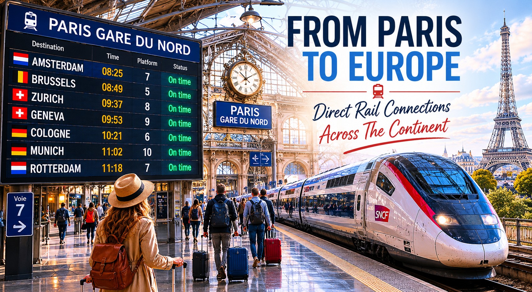 Paris Gare du Nord departure board showing rail connections from Paris to Amsterdam, Brussels, Zurich and other European destinations