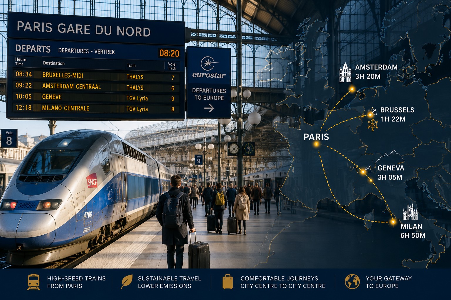 High-speed train departing Paris Gare du Nord with European rail connections to Brussels, Amsterdam, Geneva and Milan, illustrating Paris as a gateway to multi-country travel across Europe