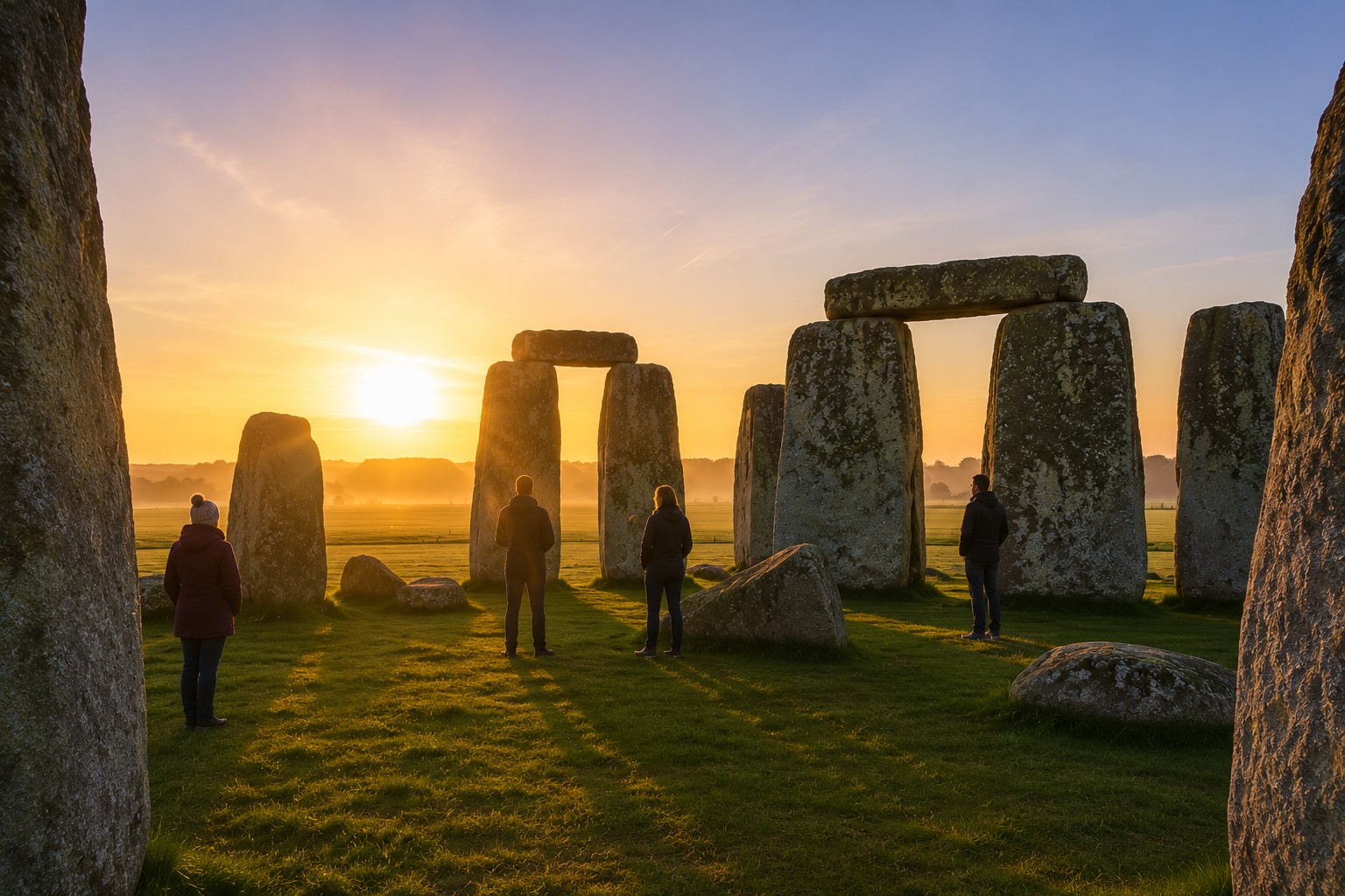 Visitors enjoying a peaceful Stonehenge Inner Circle sunrise experience during summer with very small numbers inside the stone circle.