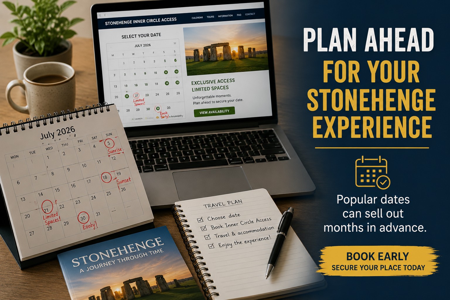 Stonehenge Inner Circle booking calendar and travel planning desk encouraging visitors to plan ahead and book exclusive experiences early.