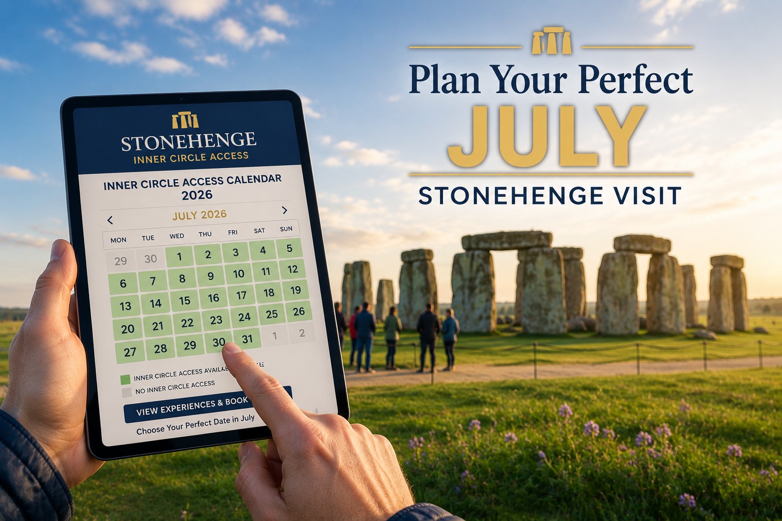Tablet displaying the Stonehenge Inner Circle Access Calendar for July 2026 with Stonehenge in the background during a summer evening.
