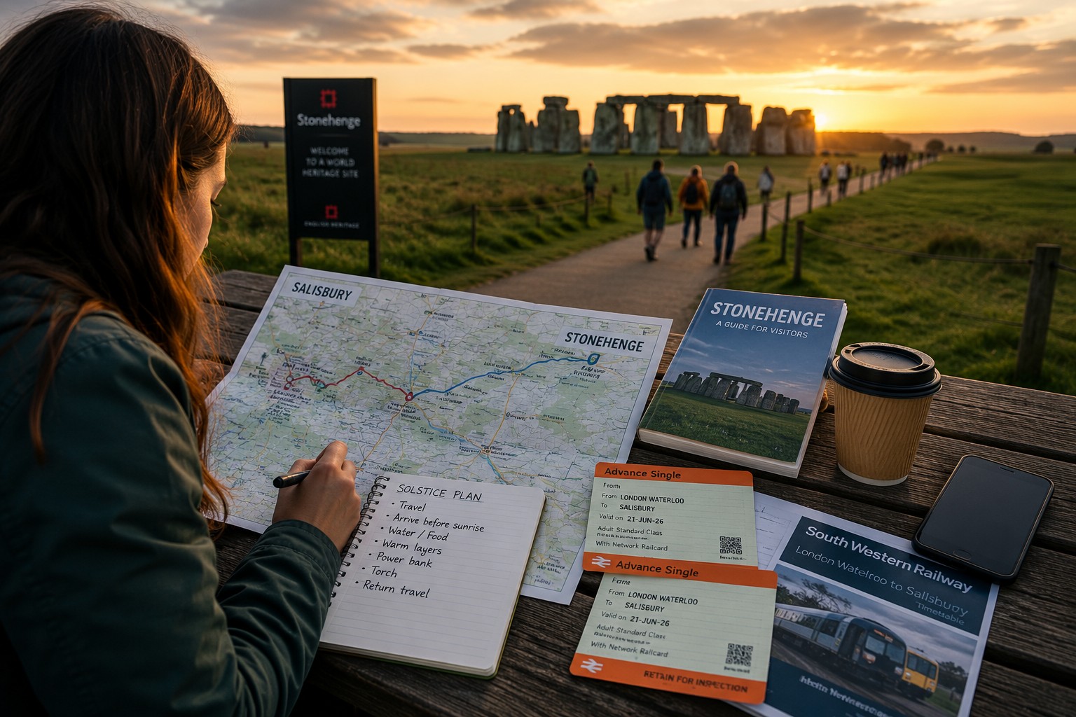 Independent traveller planning a Stonehenge Summer Solstice visit using maps, train tickets and travel notes while viewing Stonehenge at sunset in the distance.