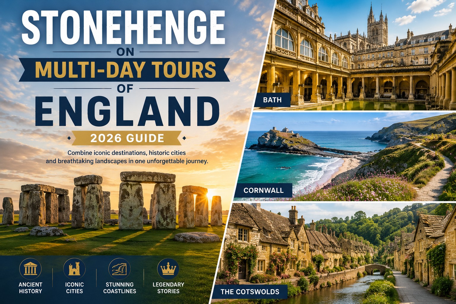 Stonehenge with Bath, Cornwall and the Cotswolds featured on a multi-day tour of England itinerary