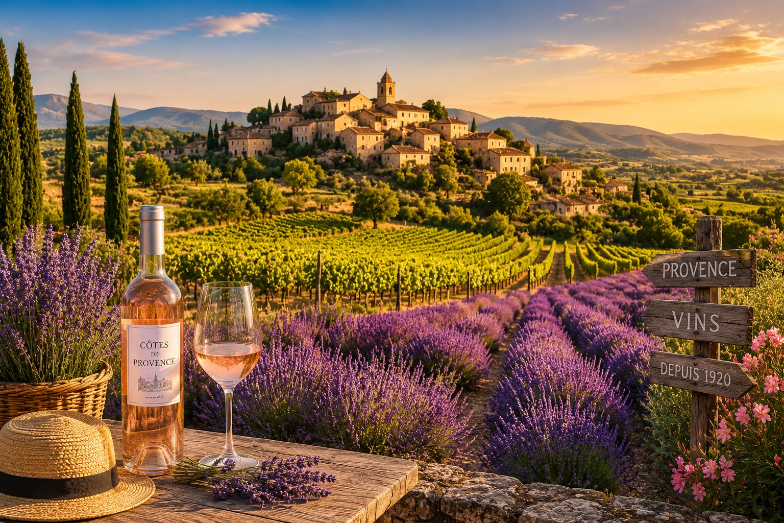 Provence wine region with lavender fields, vineyards, hilltop village and Mediterranean countryside in southern France