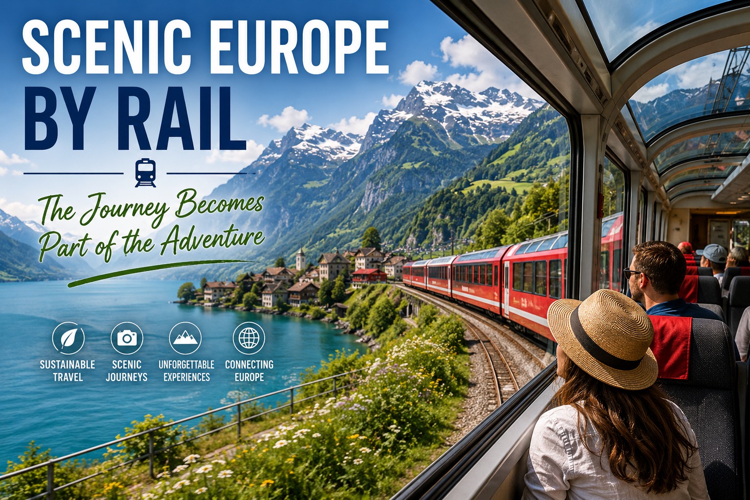 Scenic Europe rail journey through the Swiss Alps with panoramic train views, mountain landscapes and lakeside villages