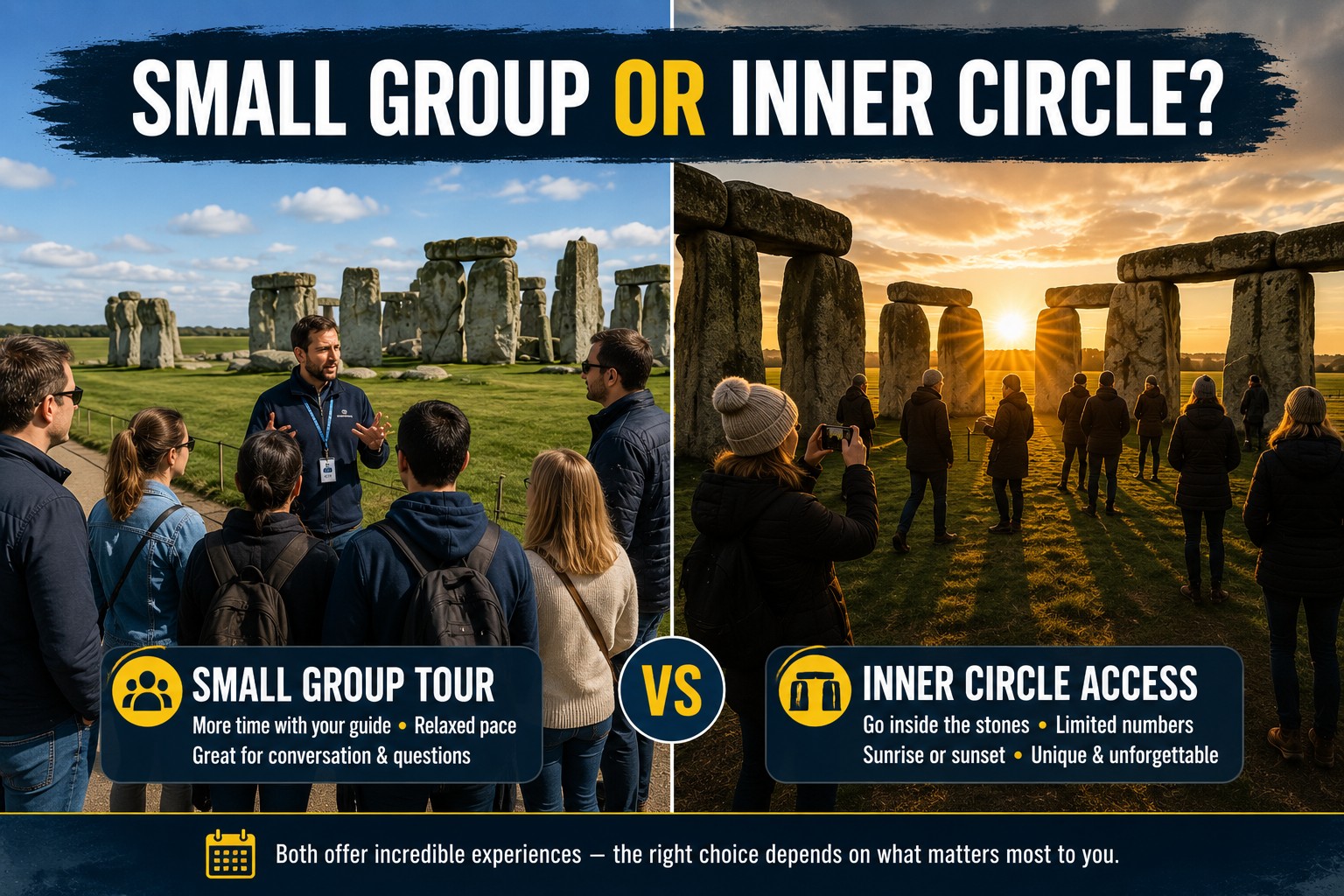 Comparison of a small group Stonehenge tour and visitors enjoying Stonehenge Inner Circle Access, highlighting two different ways to experience the monument in 2026