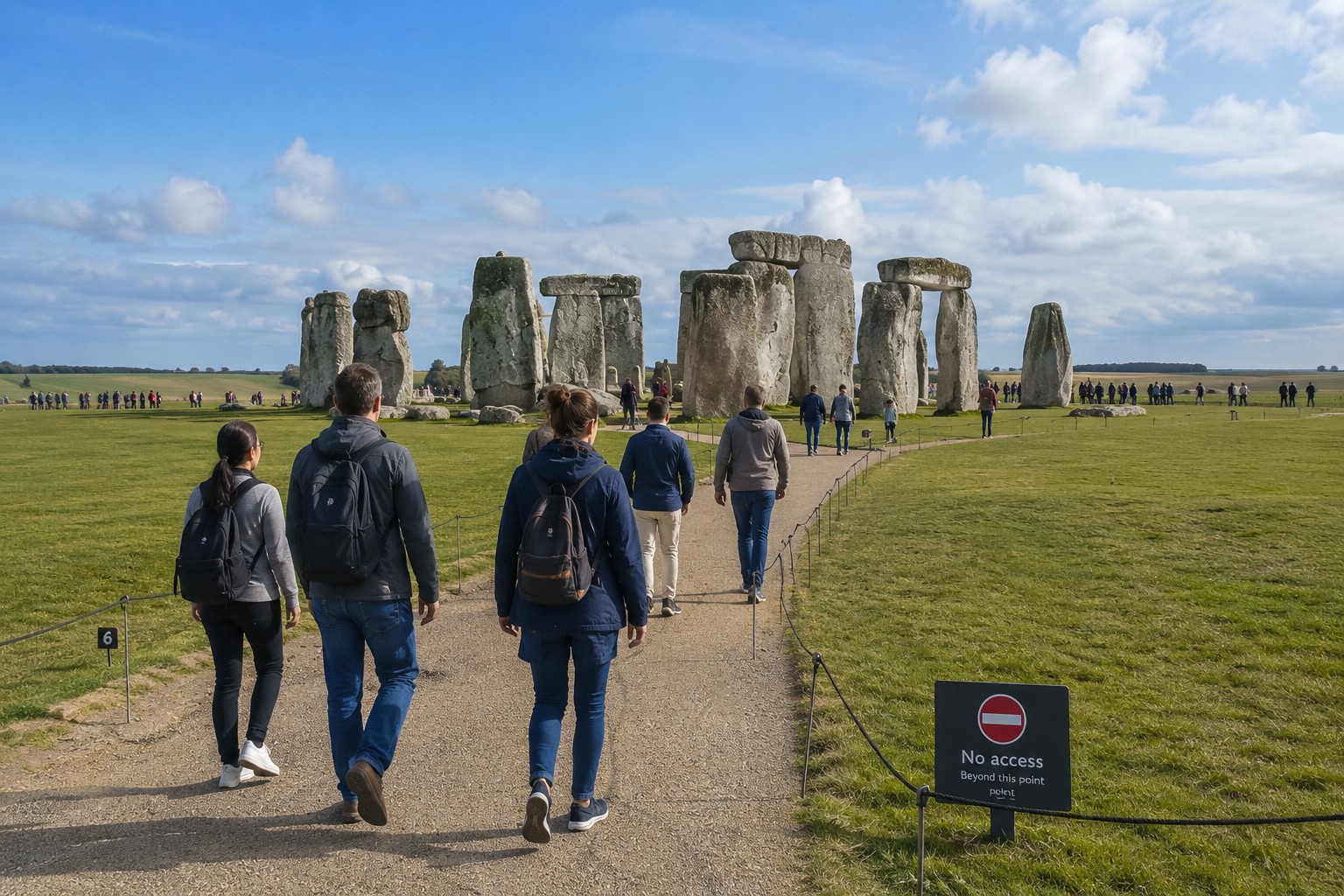 Visitors walking towards Stonehenge on a standard daytime tour, showing a relaxed sightseeing experience with open views of the monument in 2026.