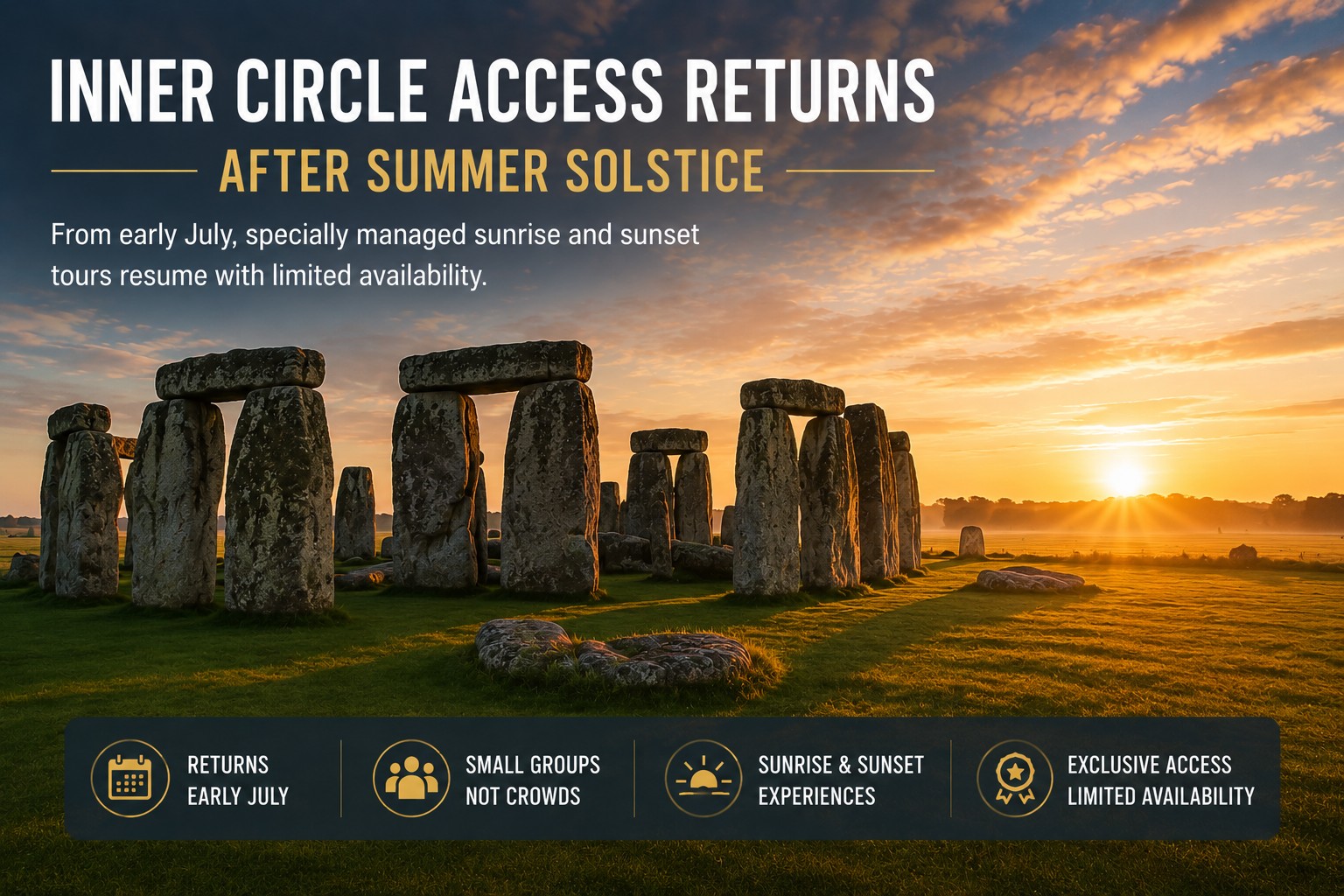 Stonehenge at sunrise during early July with a small number of visitors inside the stone circle, representing the return of Inner Circle Access after the Summer Solstice closure period