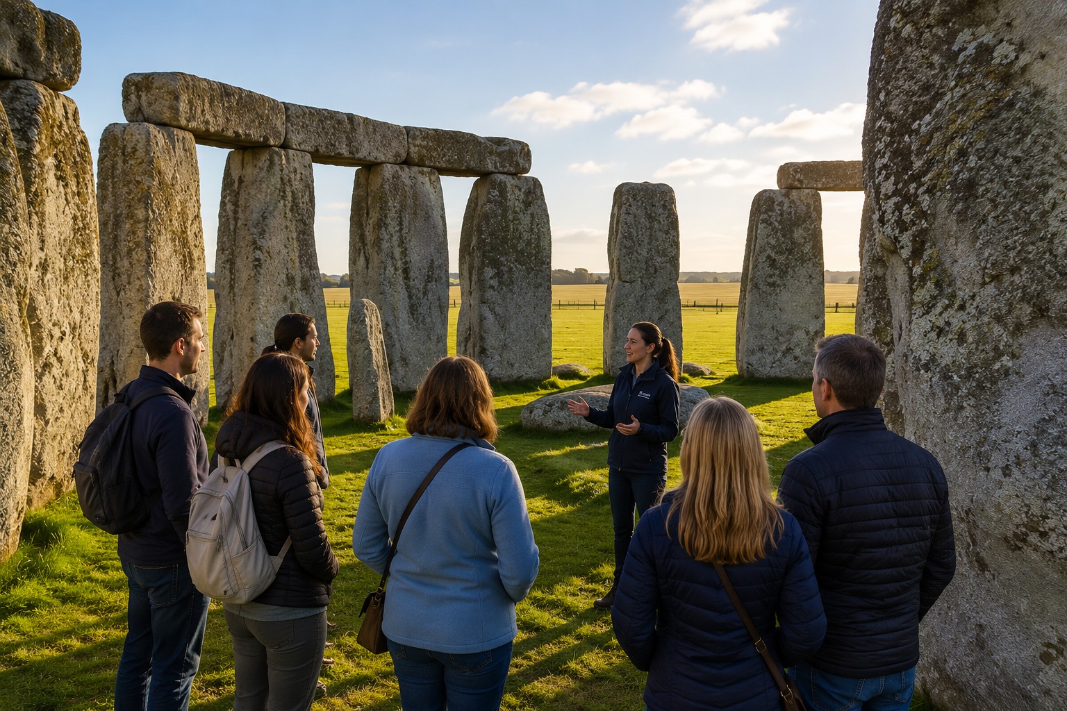 Small group enjoying a Stonehenge Inner Circle experience inside the stone circle during a summer visit