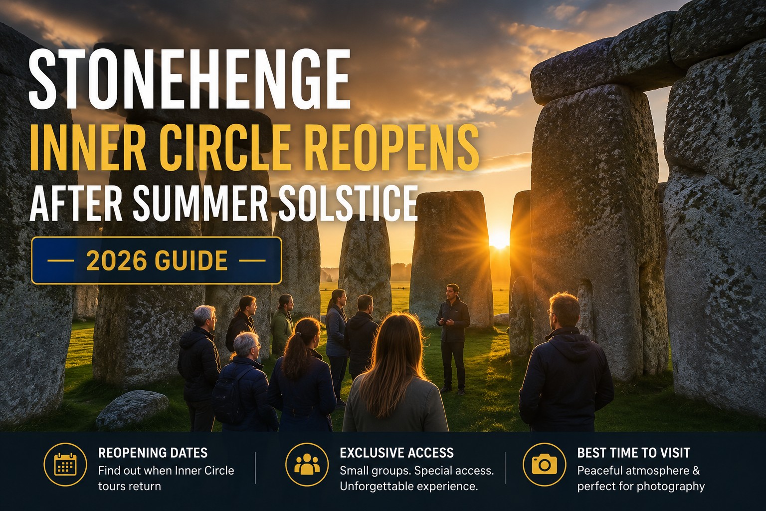 Stonehenge Inner Circle reopens after Summer Solstice 2026 guide showing a small group inside the stone circle at sunrise.