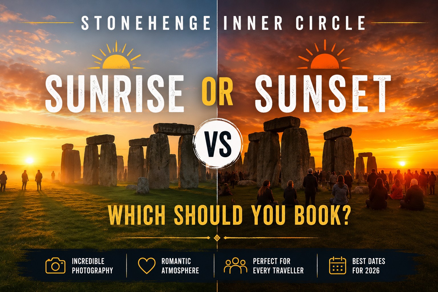 Stonehenge Inner Circle sunrise vs sunset comparison showing the ancient stone circle at dawn and sunset with visitors enjoying special access experiences in 2026.