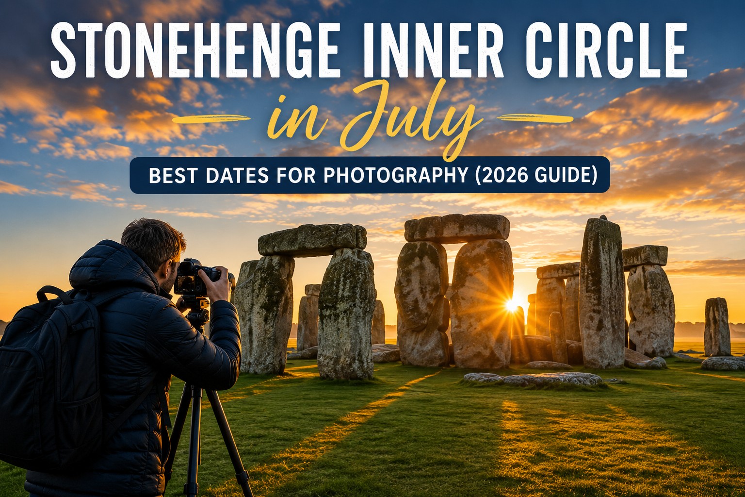 Stonehenge Inner Circle in July hero image showing a photographer capturing the ancient stones at sunrise with golden summer light and dramatic skies during an exclusive photography experience.