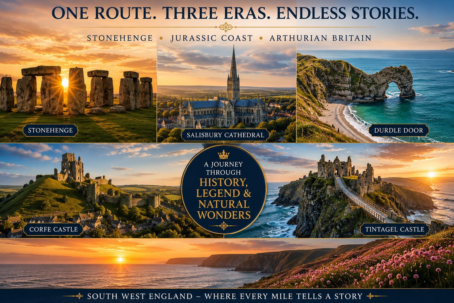 Stonehenge, Salisbury Cathedral, Durdle Door, Corfe Castle and Tintagel Castle representing a South West England travel itinerary