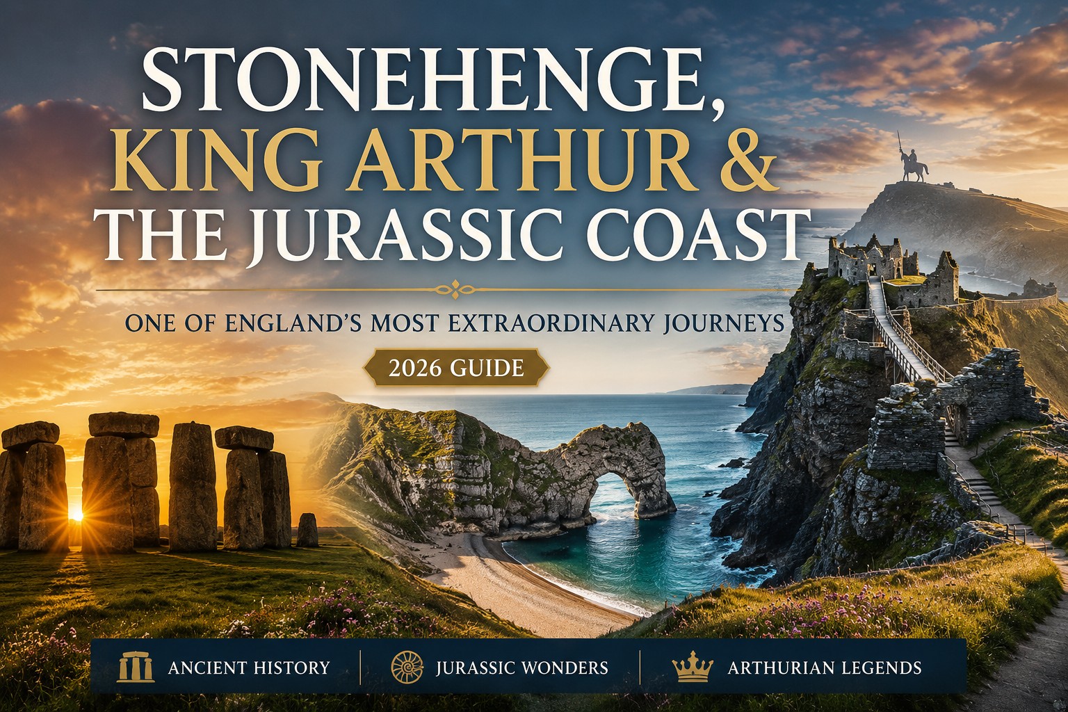 Stonehenge, Durdle Door on the Jurassic Coast and Tintagel Castle featured in a South West England travel route guide