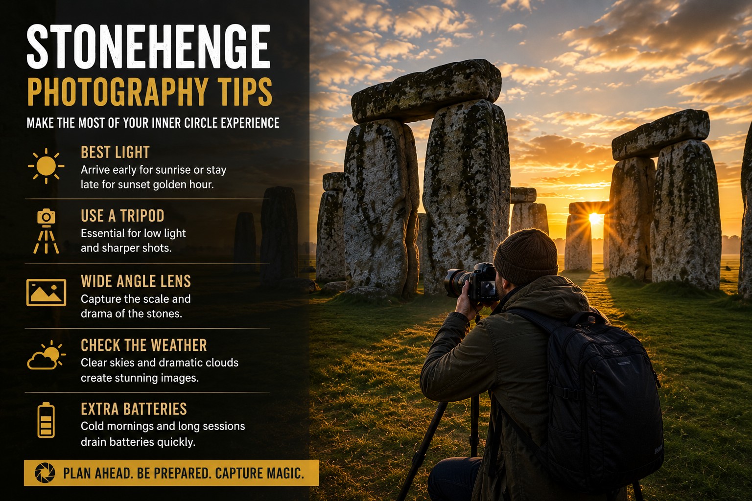 Infographic showing Stonehenge photography tips alongside a photographer capturing the ancient stones at sunrise during an exclusive Stonehenge Inner Circle experience.