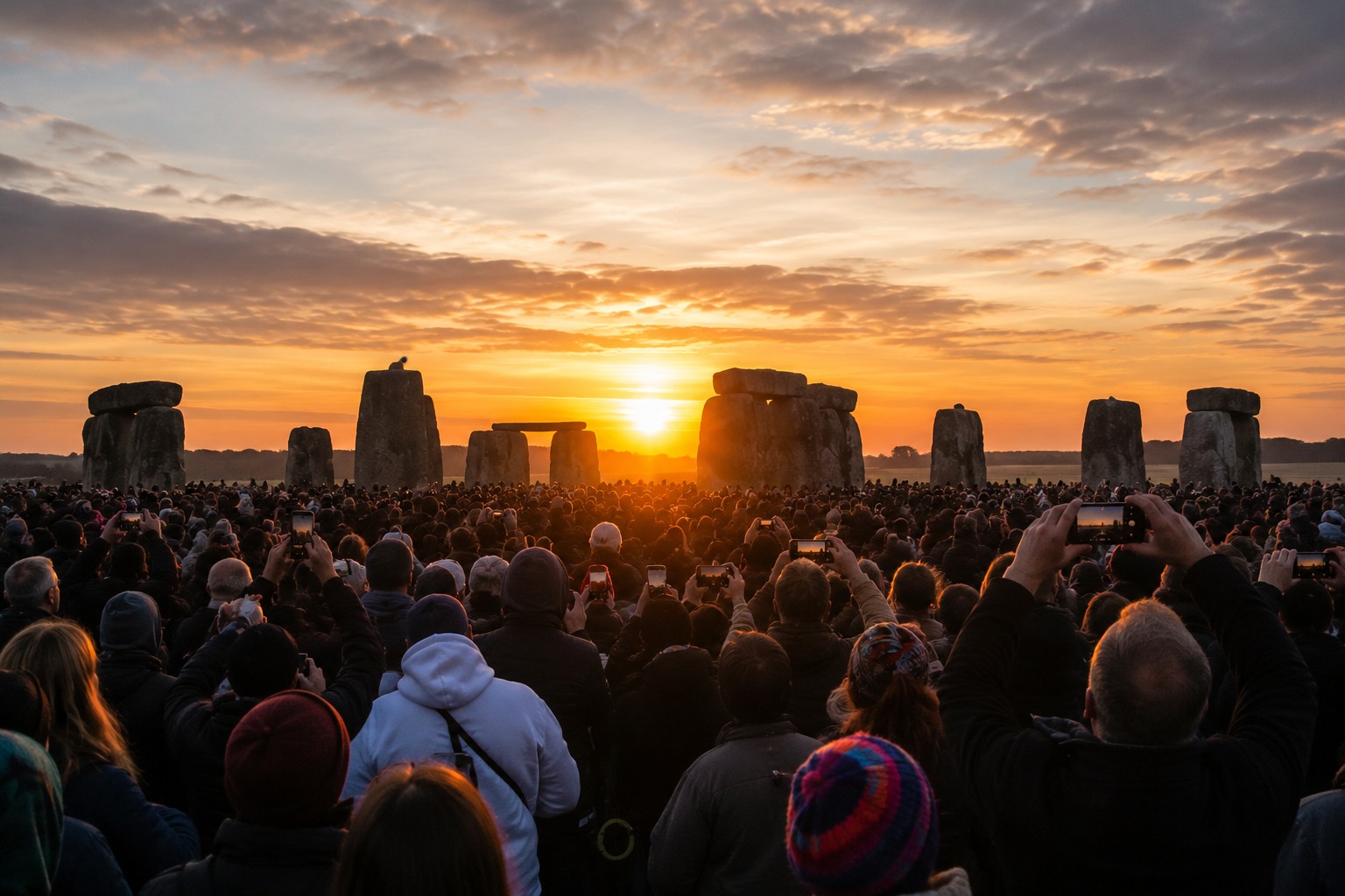 Crowds gathering at Stonehenge during Summer Solstice sunrise as visitors watch the sun rise between the ancient stones in June 2026.