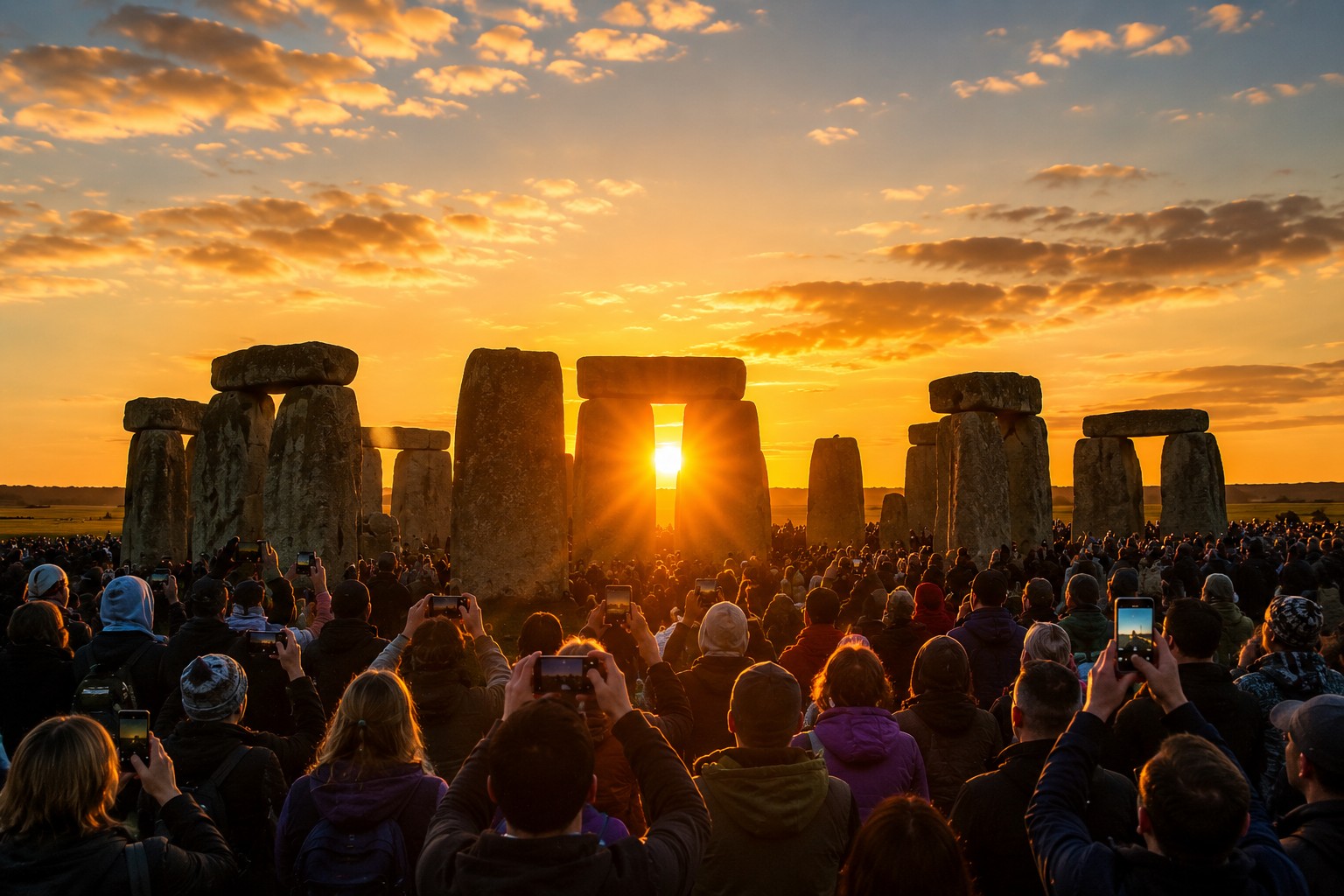 Visitors watching the Summer Solstice sunrise through Stonehenge during the annual June celebration