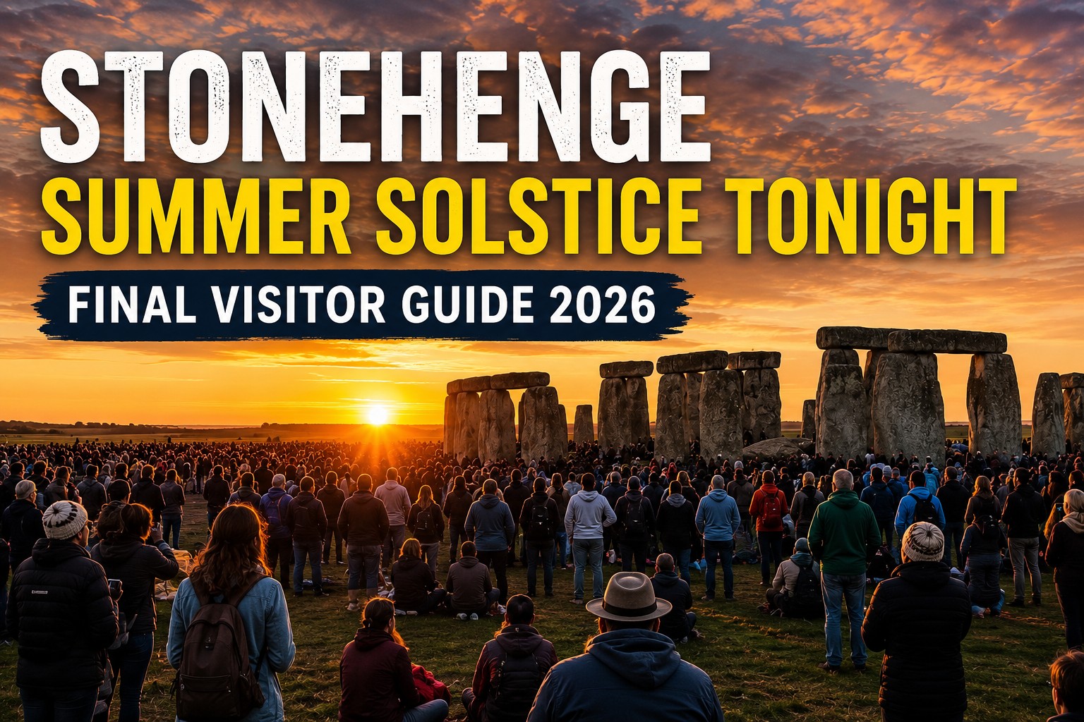 Stonehenge Summer Solstice sunset gathering with crowds watching the ancient stone circle during the 2026 Summer Solstice celebration.