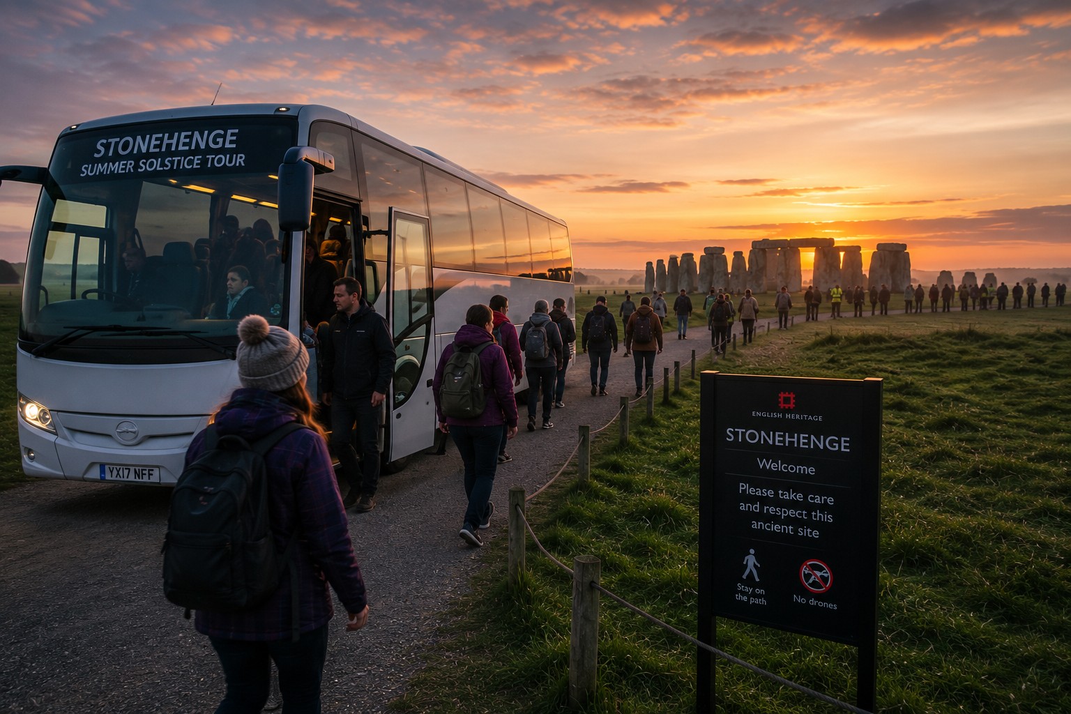Visitors arriving by organised coach at Stonehenge before sunrise during the Summer Solstice, highlighting the convenience of guided transport and event-day travel planning.