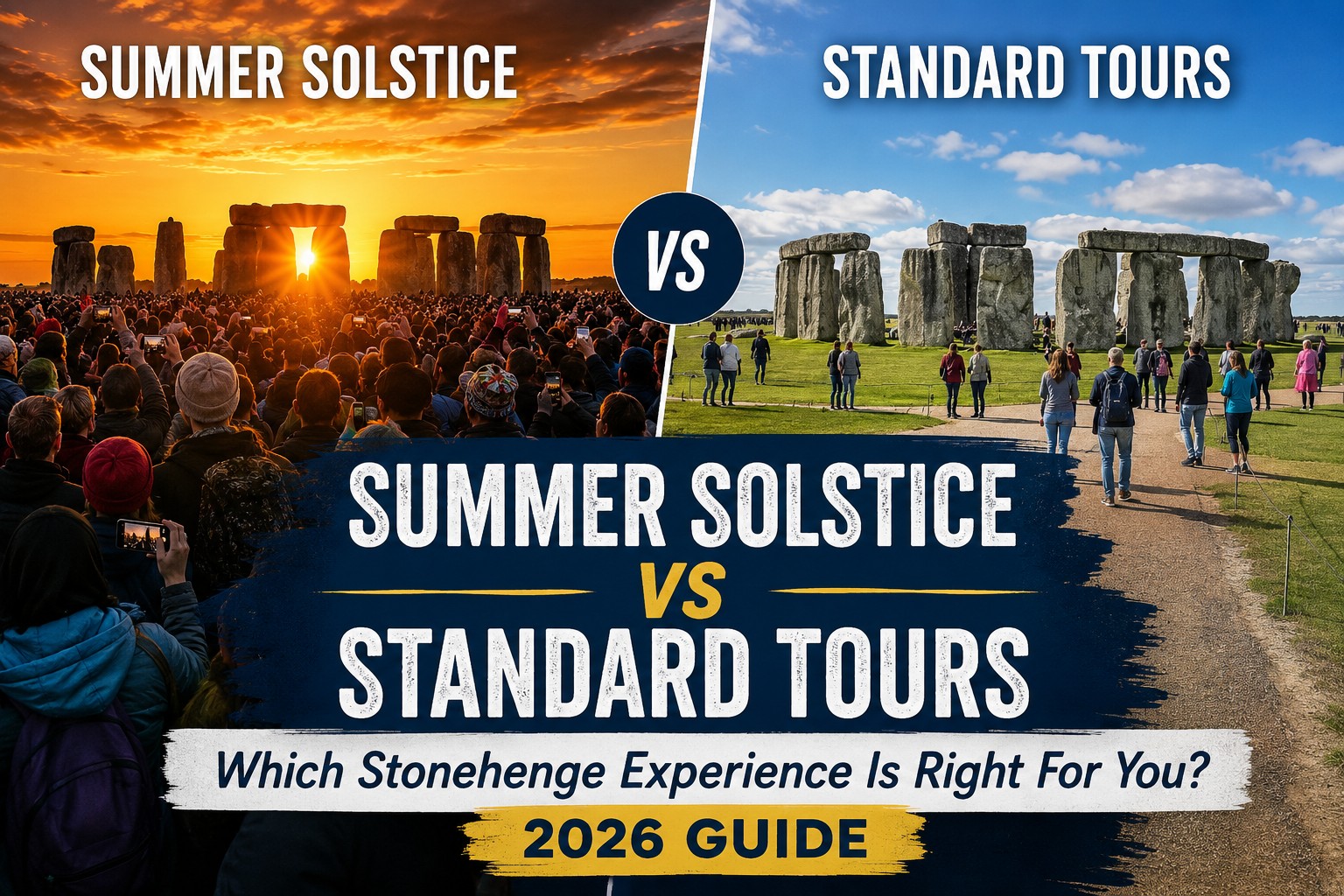 Stonehenge Summer Solstice vs Standard Stonehenge Tours comparison showing a crowded sunrise Solstice gathering beside a quieter daytime Stonehenge tour experience in 2026.