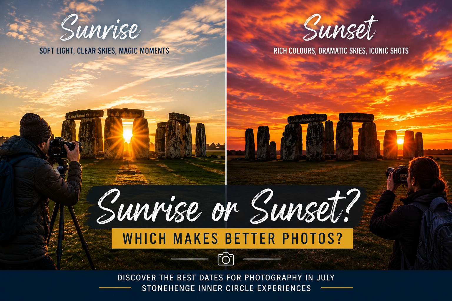 Split image comparing Stonehenge at sunrise and sunset with photographers capturing the ancient stones during golden hour, illustrating which lighting conditions create the best photographs.
