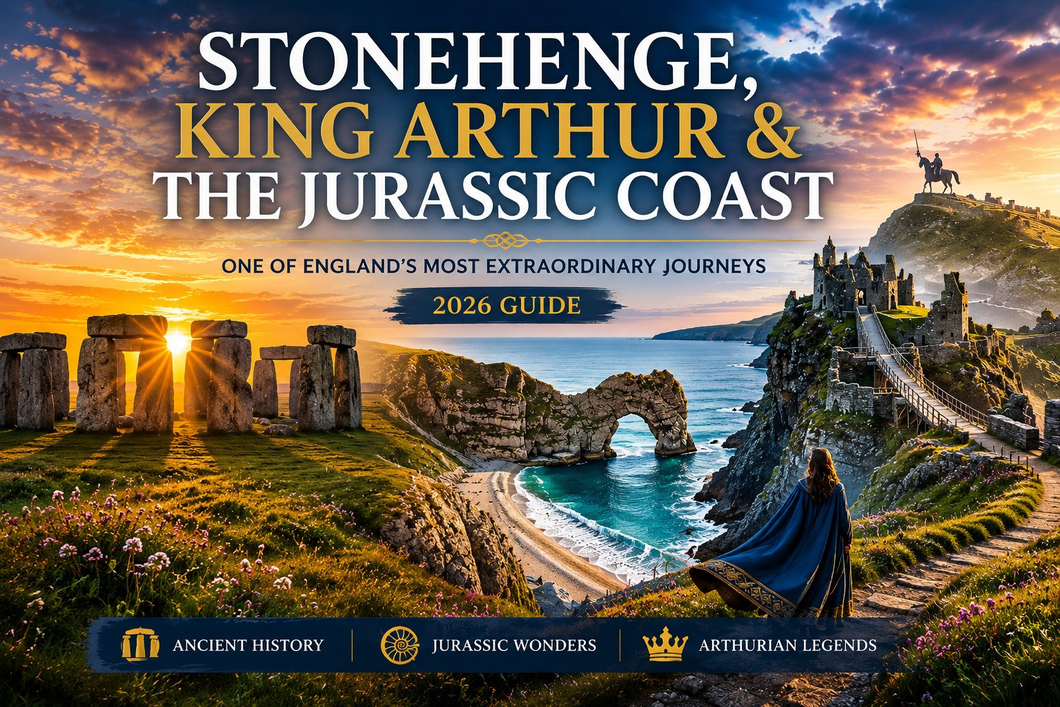 Stonehenge at sunrise alongside Durdle Door on the Jurassic Coast showing ancient Britain and geological history