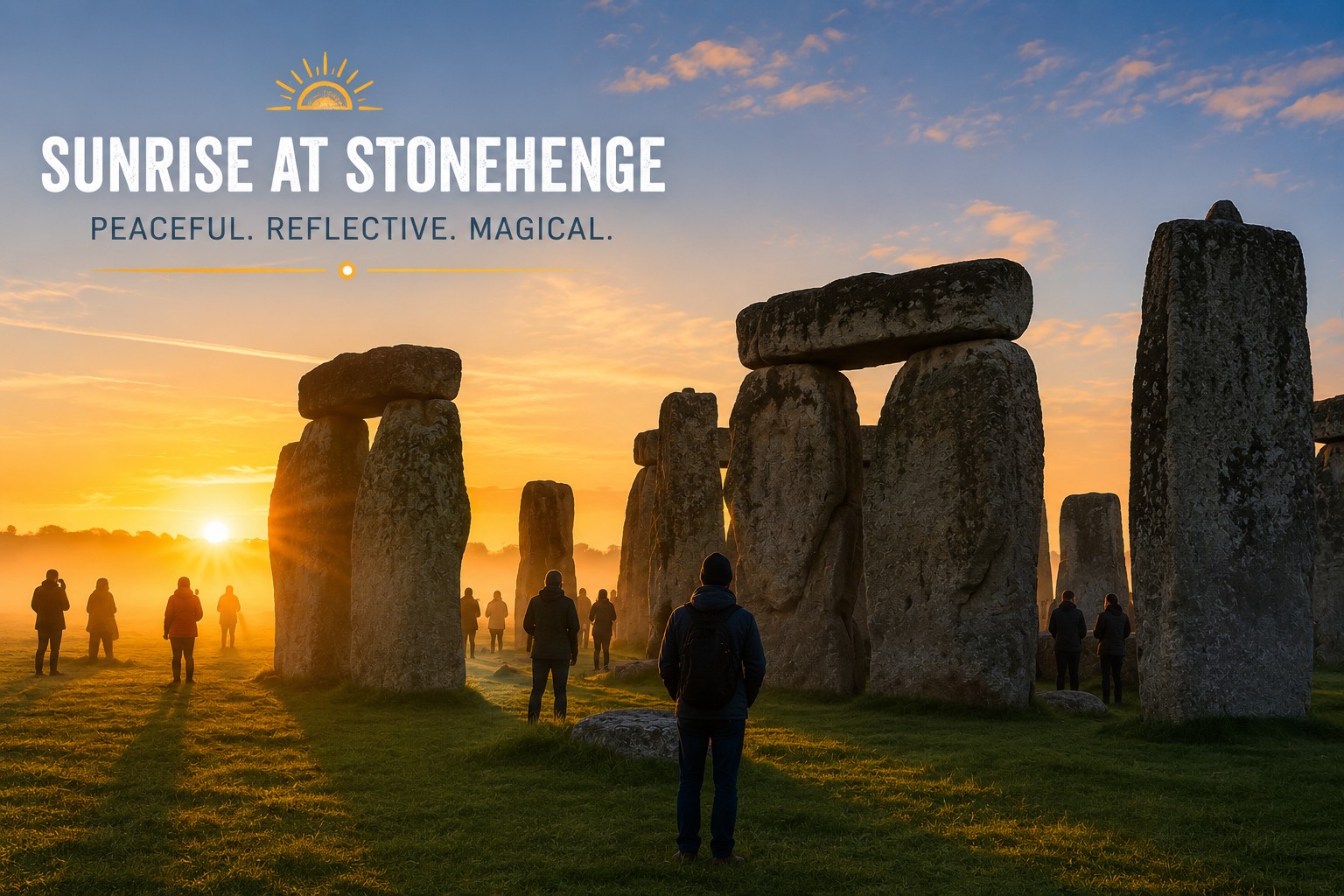 Stonehenge at sunrise with visitors inside the ancient stone circle during a peaceful Inner Circle special access experience in 2026.