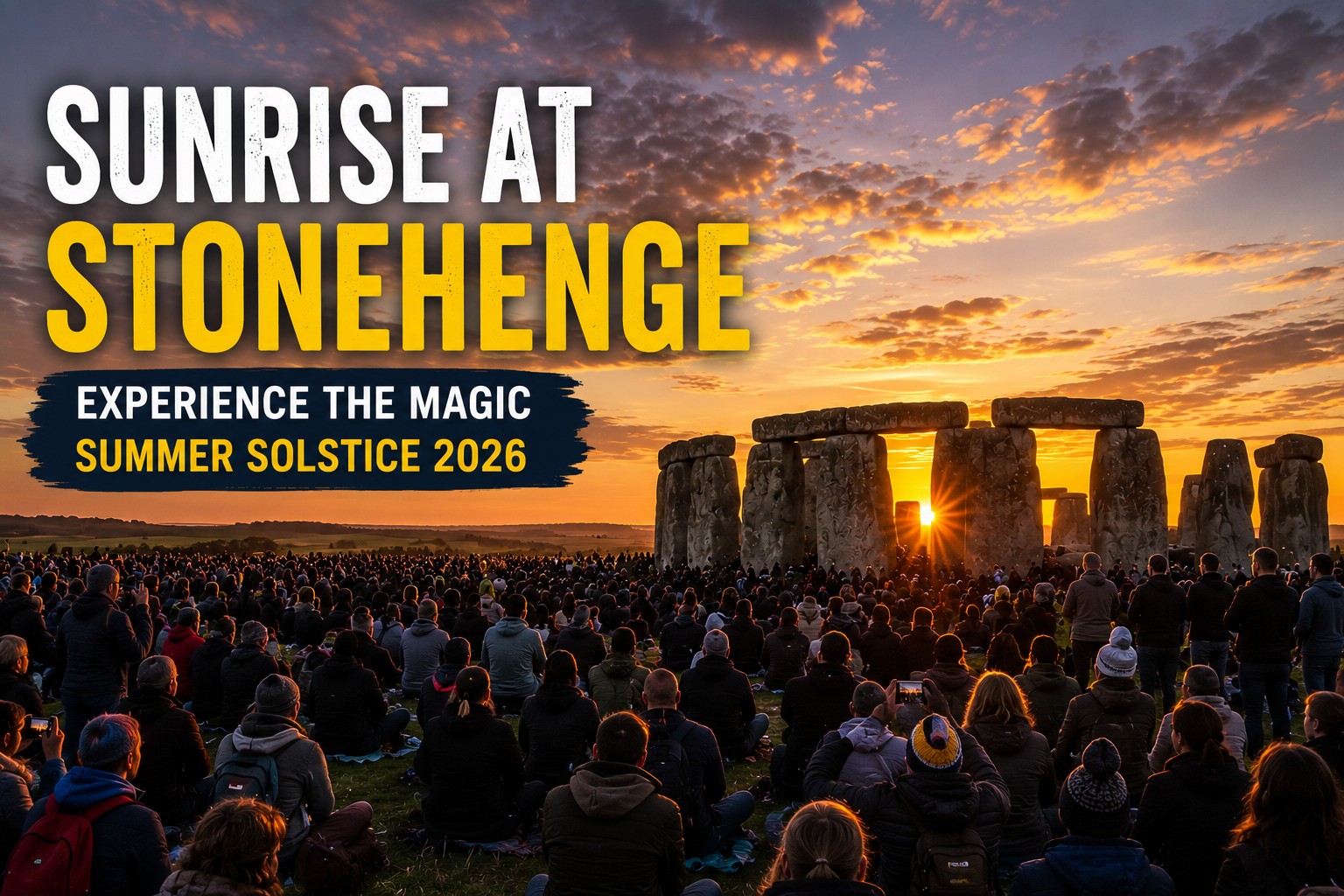 Stonehenge Summer Solstice sunrise with visitors gathered around the monument as the sun rises through the ancient stone circle.