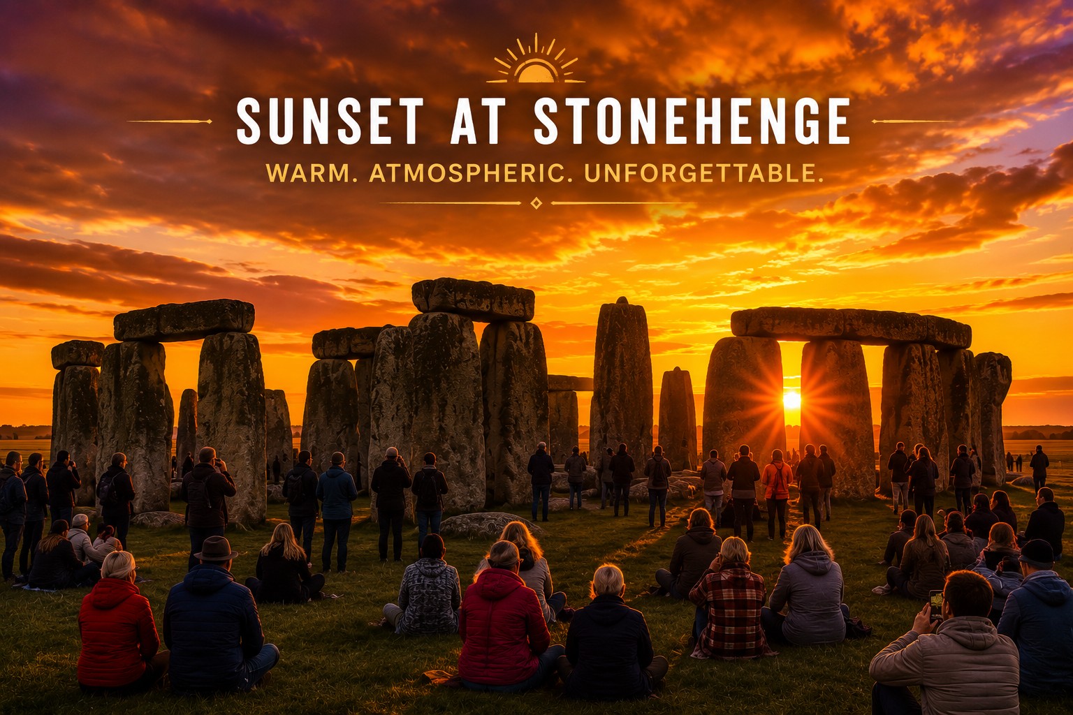 Stonehenge at sunset with visitors enjoying a magical Inner Circle special access experience beneath a golden evening sky in 2026.