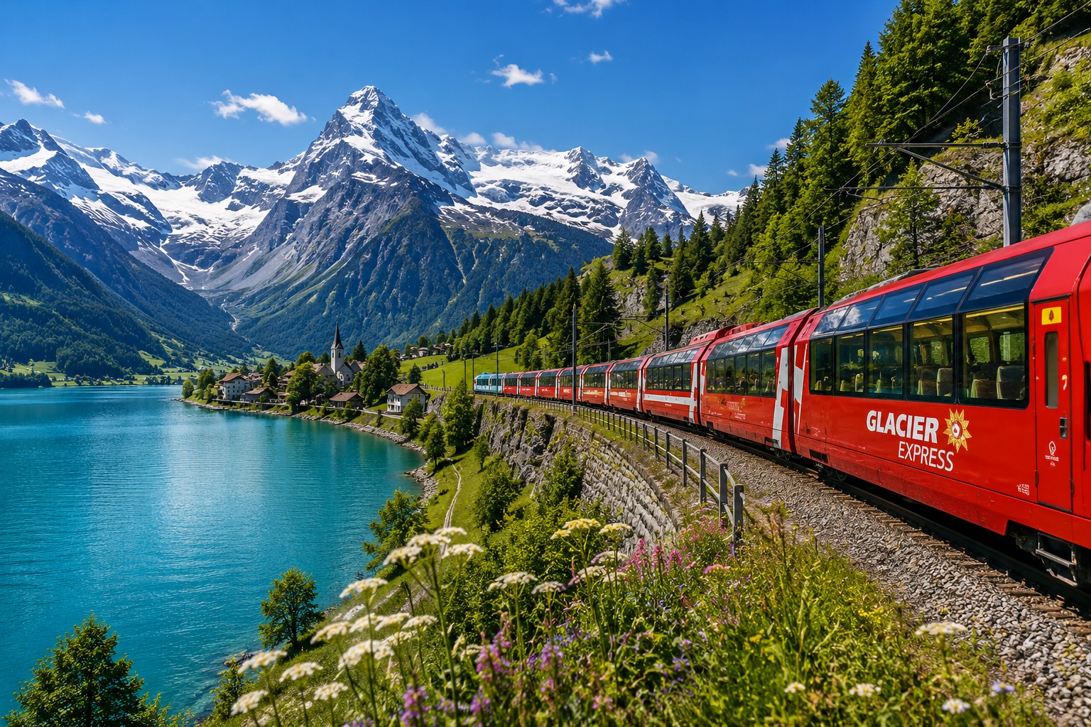 Scenic Swiss rail journey through the Alps with panoramic mountain views, lakes and a train travelling between Lucerne and Interlaken