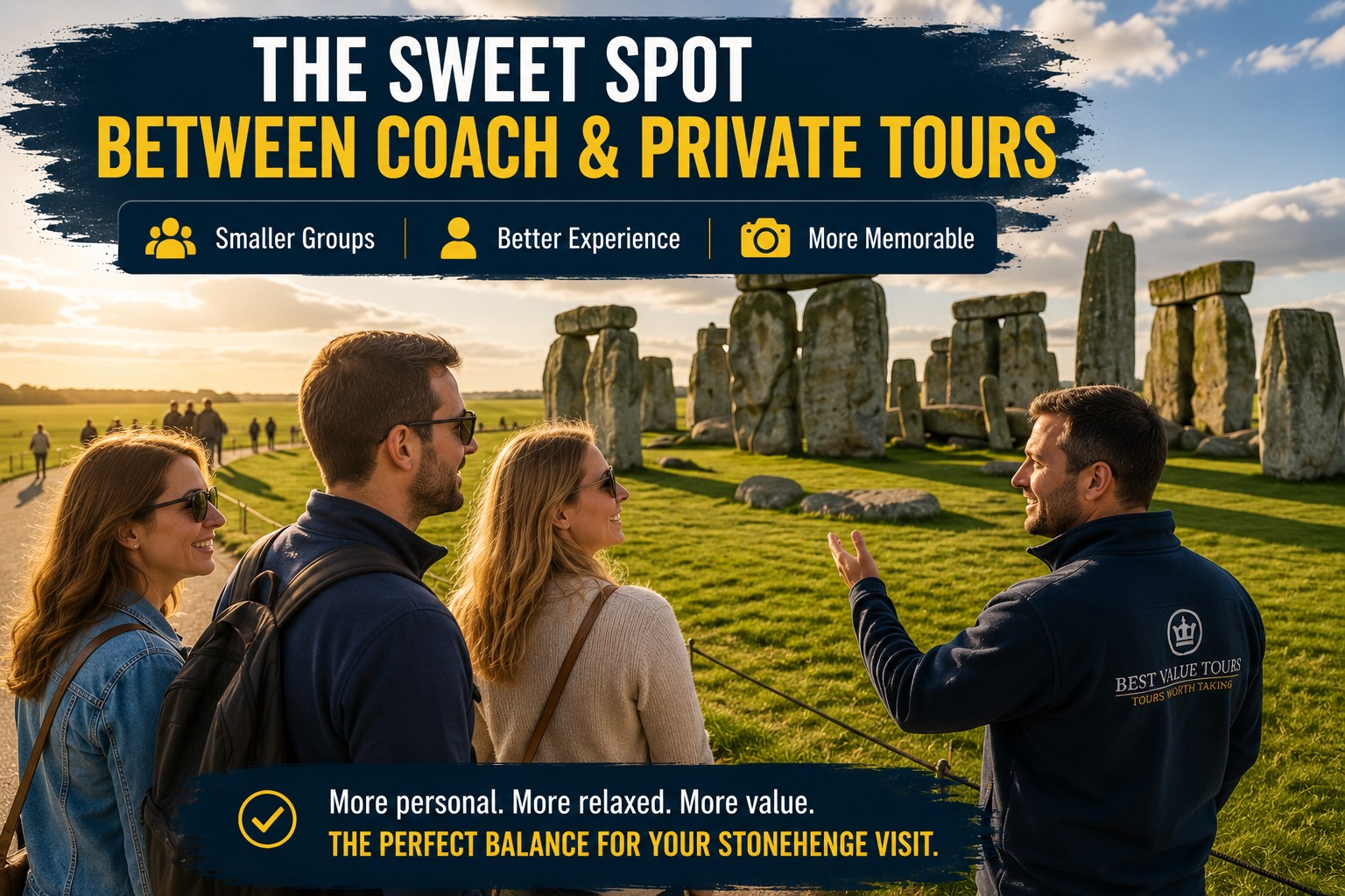 Visitors on a small group Stonehenge tour with an expert guide enjoying a relaxed and personalised experience near the monument during golden-hour light