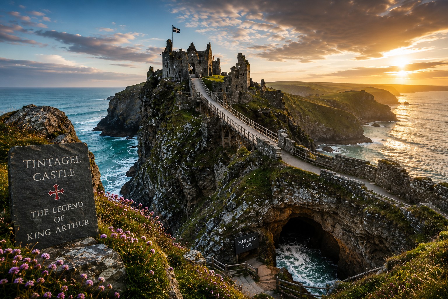 Tintagel Castle and Merlin's Cave on the Cornwall coast associated with the legends of King Arthur