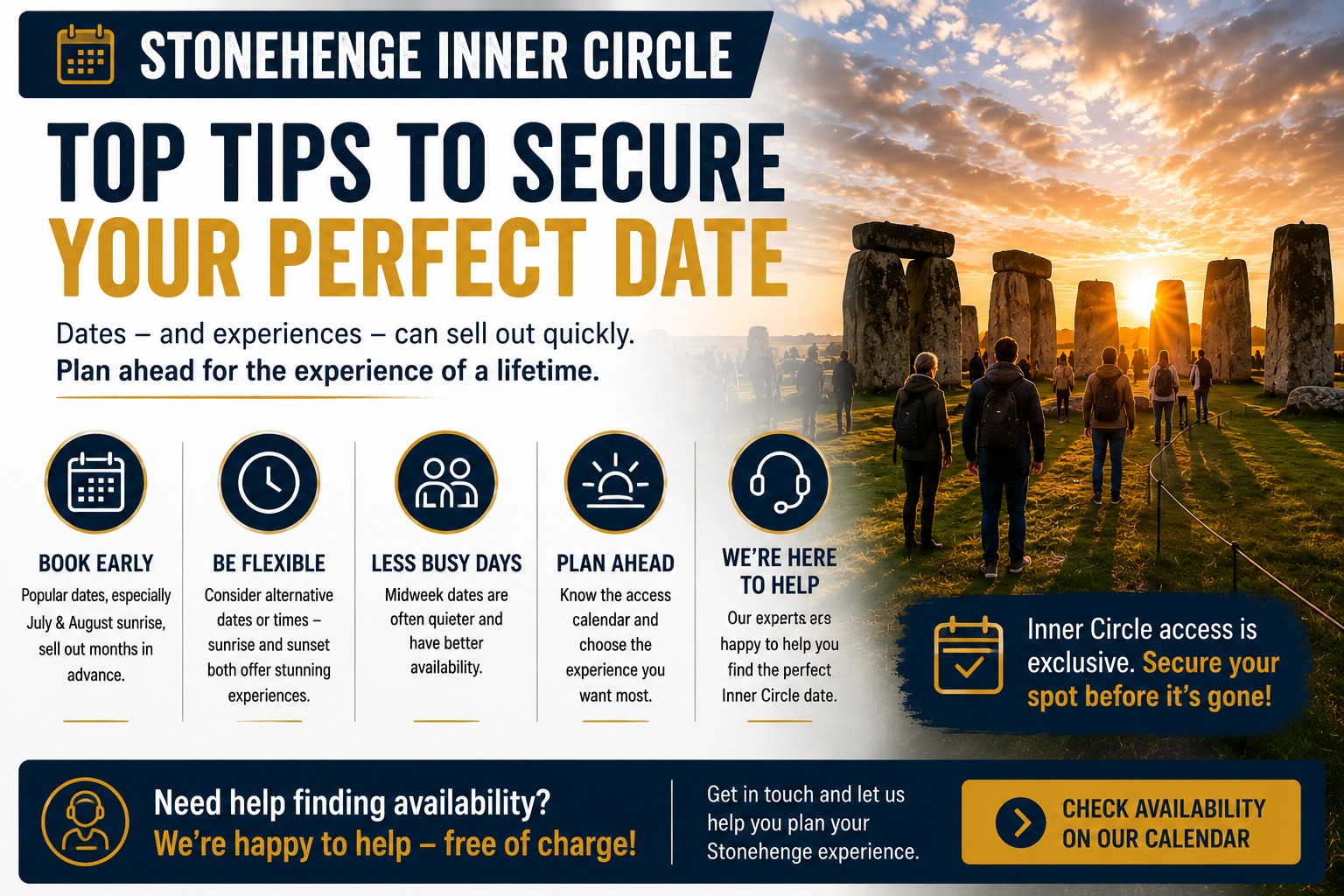 Infographic showing top tips for securing the perfect Stonehenge Inner Circle date alongside visitors enjoying an exclusive sunrise experience at Stonehenge.