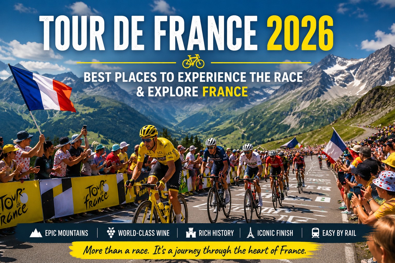 Tour de France 2026 cyclists climbing an Alpine mountain stage surrounded by spectators and dramatic French mountain scenery