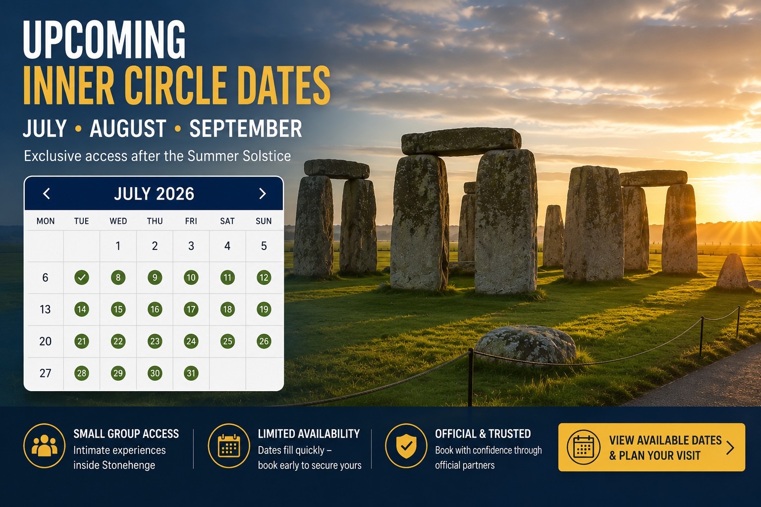 Stonehenge Inner Circle access calendar showing upcoming dates for exclusive experiences after Summer Solstice in July, August and September 2026.