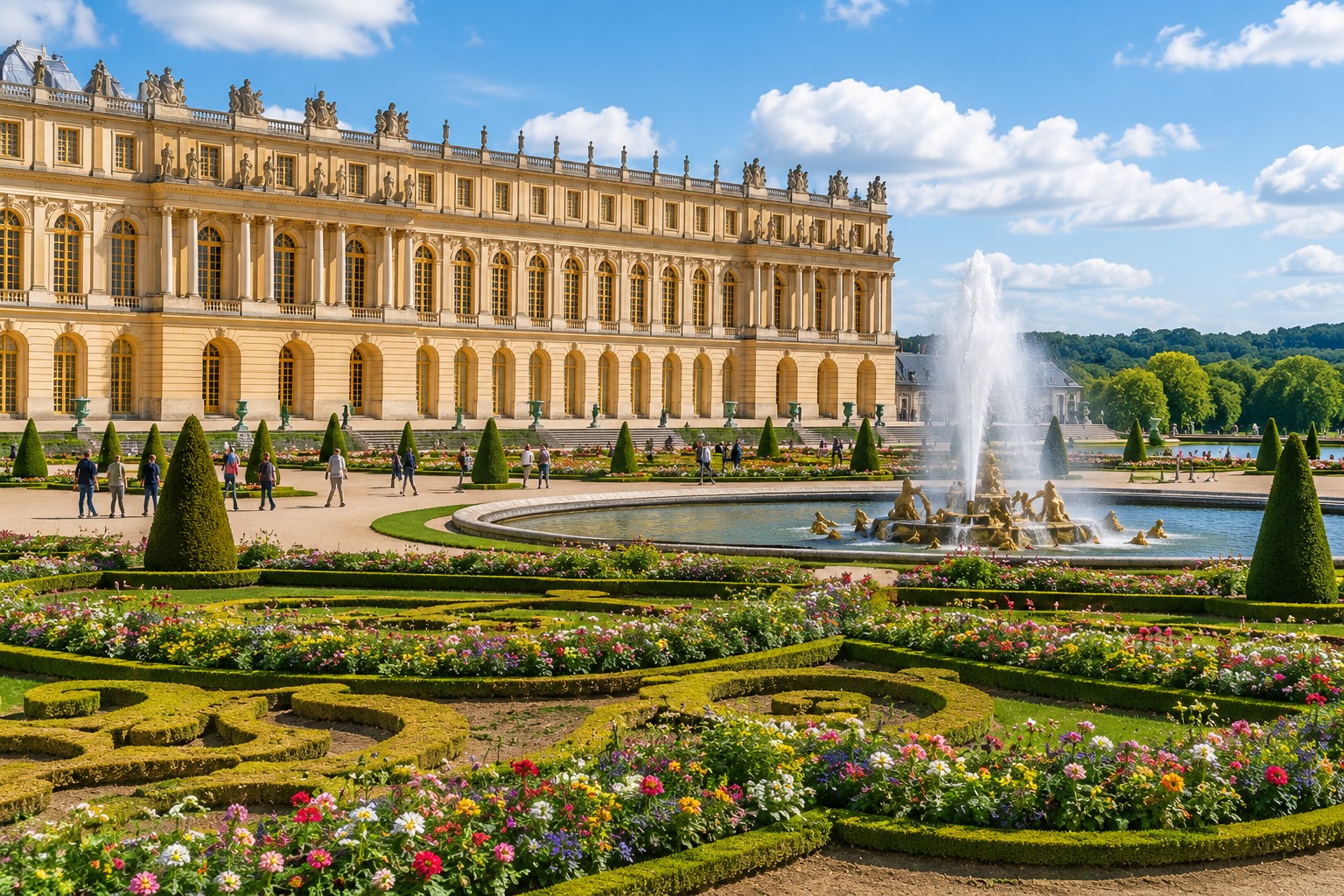 Palace of Versailles and formal gardens near Paris showing the famous French royal residence and one of the most popular day trips from Paris