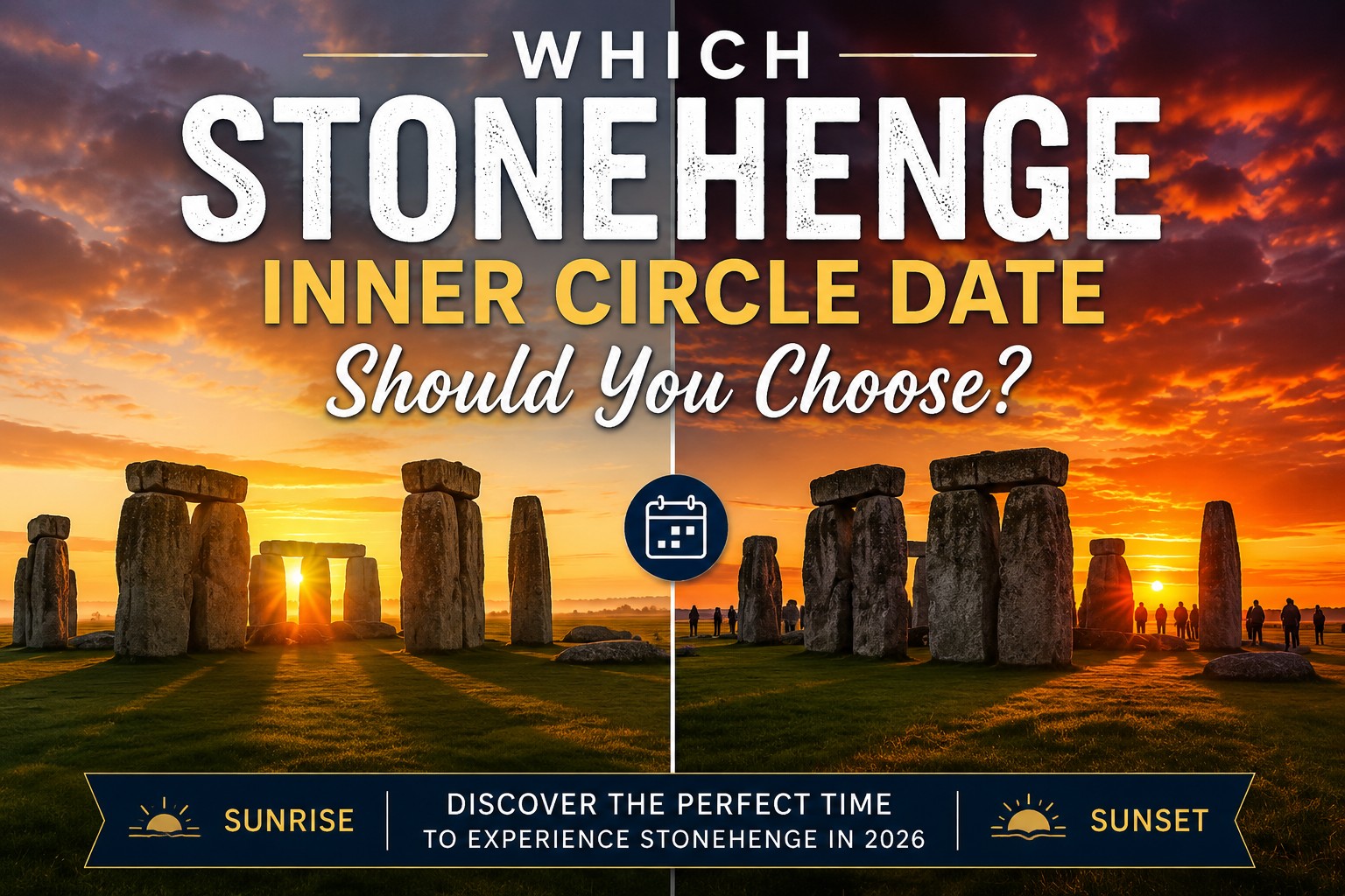 Split sunrise and sunset view of Stonehenge showing different Stonehenge Inner Circle experiences and helping visitors choose the best date to visit in 2026.