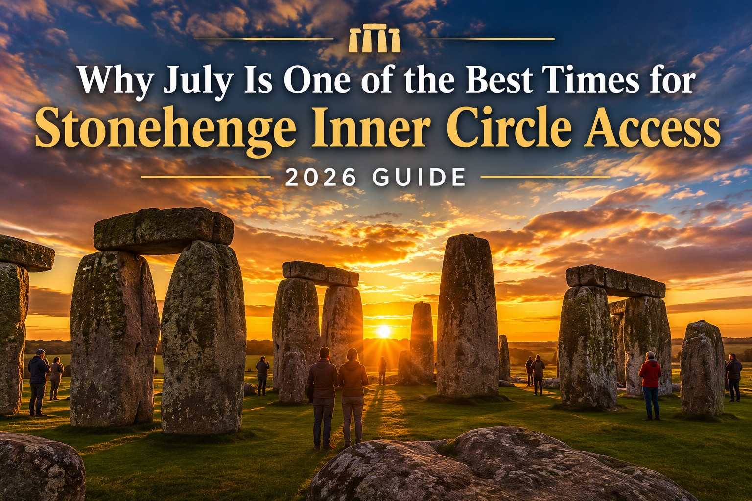 Stonehenge Inner Circle visitors enjoying a beautiful July sunset during a special access experience at Stonehenge.