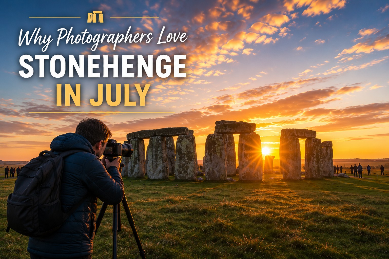 Photographer capturing a beautiful July sunrise at Stonehenge during one of the year's best months for photography and special access experiences.