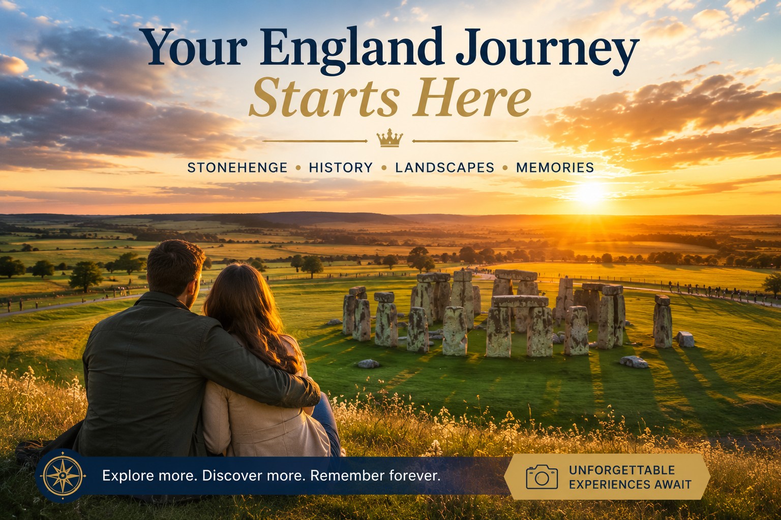 Couple overlooking Stonehenge at sunset on a multi-day tour of England