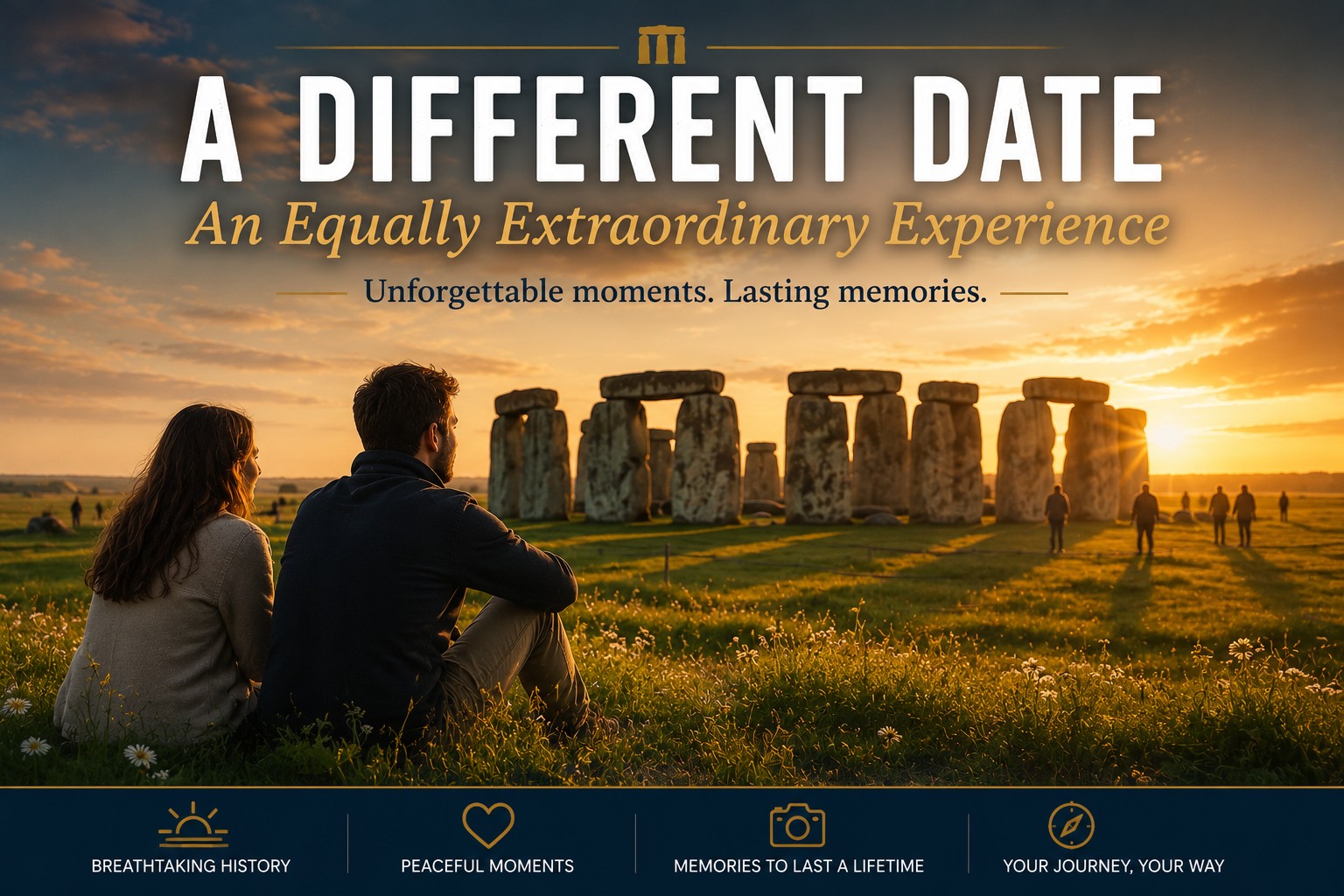 Couple enjoying a peaceful Stonehenge Inner Circle experience at golden hour, illustrating how choosing an alternative access date can still provide an unforgettable visit to one of Britain's most iconic prehistoric monuments.