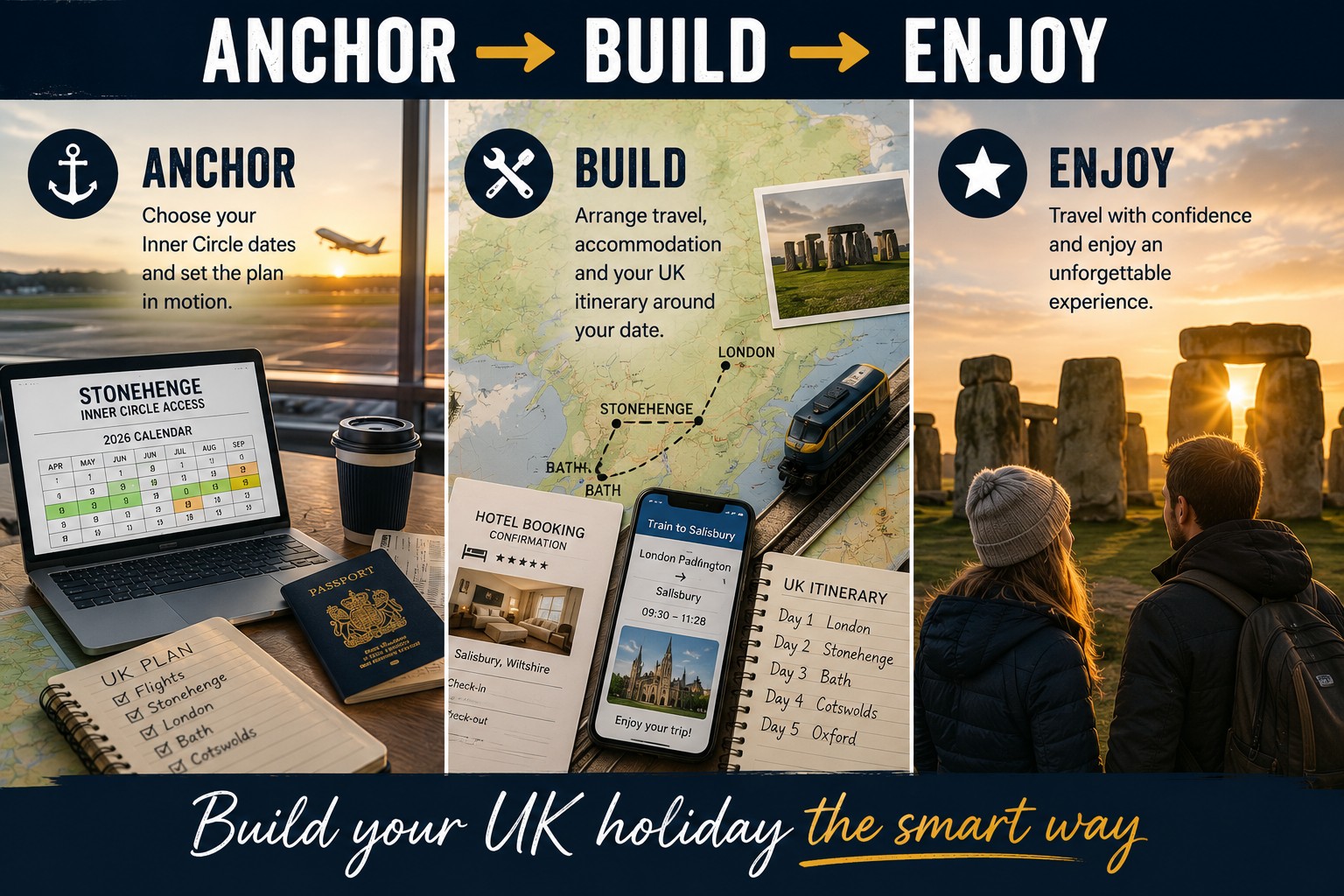 Three-panel planning graphic illustrating the Anchor → Build → Enjoy travel framework for overseas visitors, showing Stonehenge Inner Circle date planning, organising a UK itinerary, and enjoying the Stonehenge Inner Circle experience.
