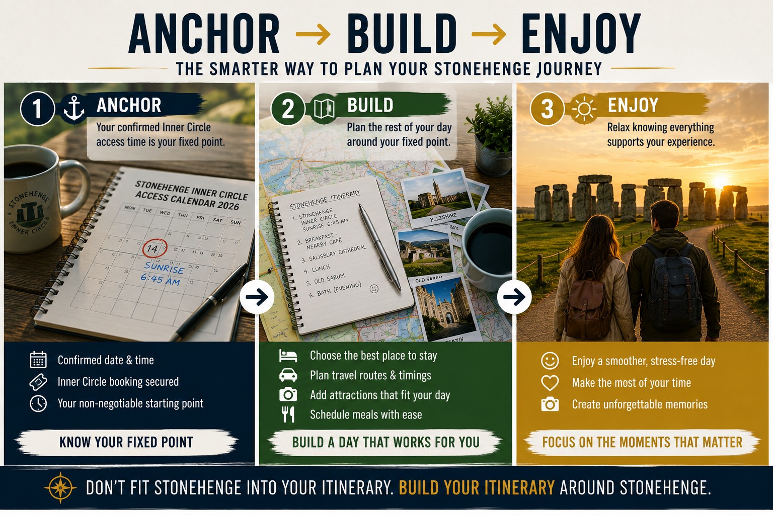 Three-step Stonehenge itinerary planning infographic showing how to anchor your plans around your confirmed Inner Circle access time, build the rest of your itinerary around that fixed point, and enjoy a smoother, more memorable travel experience.