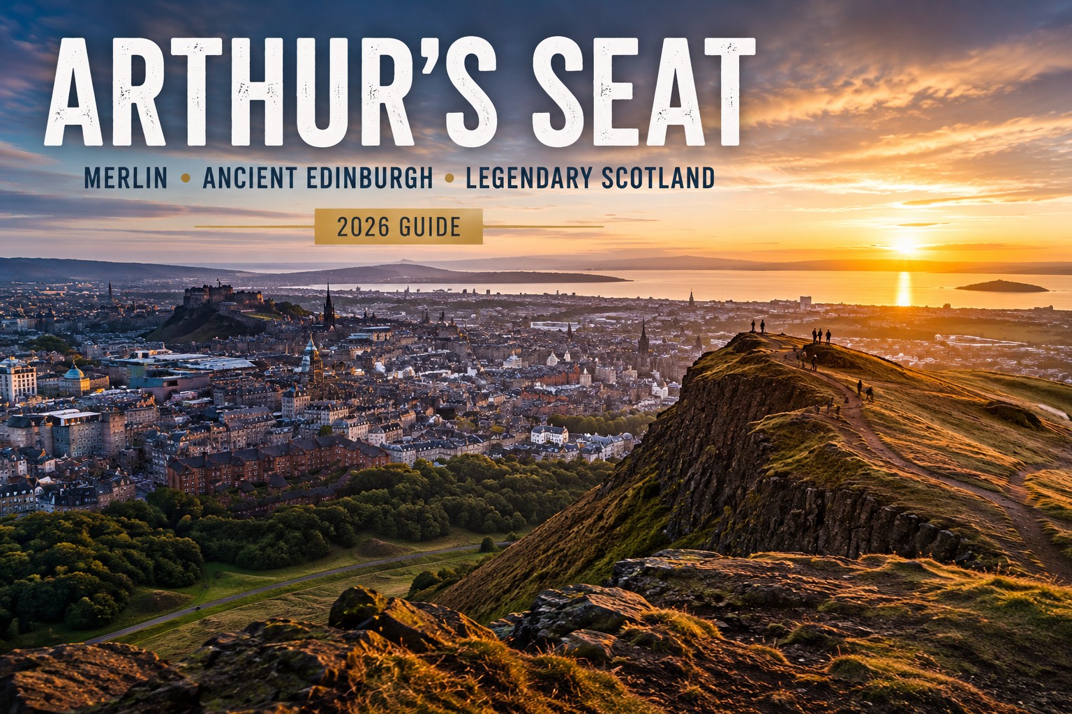 Panoramic sunrise view from Arthur's Seat overlooking Edinburgh, with walkers on the volcanic summit, Edinburgh Castle, the Royal Mile and the Firth of Forth beneath golden morning light, introducing the legendary landscape associated with King Arthur and Merlin.