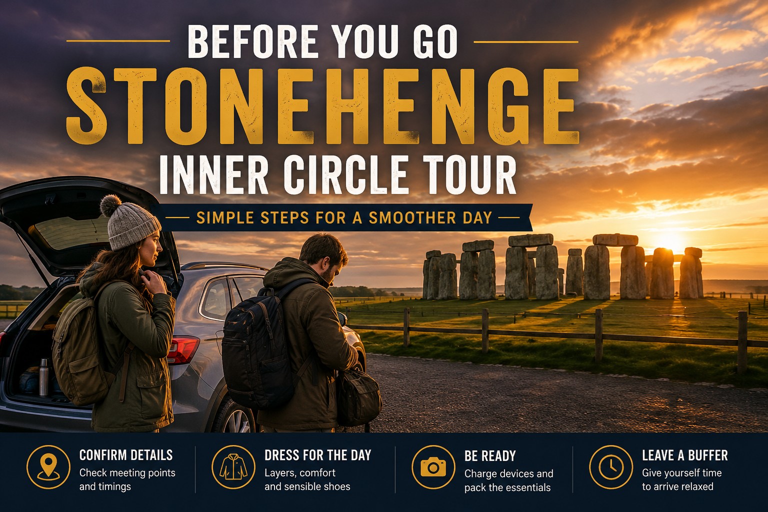 Travellers preparing for a Stonehenge Inner Circle tour at sunrise, checking their day bags beside a parked car with Stonehenge illuminated by the early morning light in the background. The image highlights practical preparation before an exclusive Inner Circle experience.