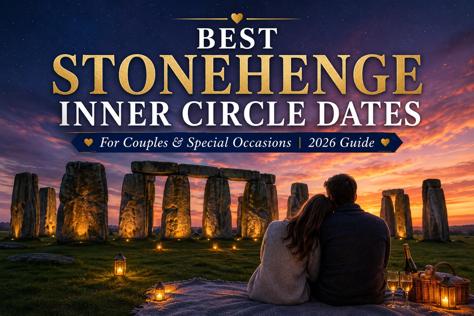 Stonehenge Inner Circle at sunset with a couple enjoying a romantic special occasion, illustrating the best Stonehenge Inner Circle dates for couples, anniversaries and honeymoons in the 2026 guide.
