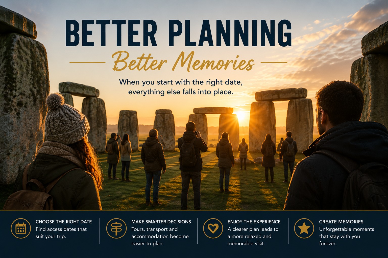 Visitors standing inside the Stonehenge Inner Circle at sunrise, illustrating how thoughtful planning and choosing the right access date create a more memorable and rewarding Stonehenge experience.